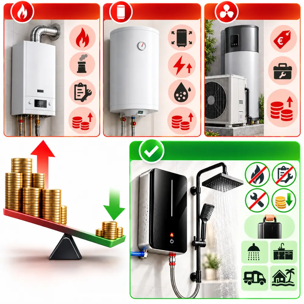 ThermoPulse vs caldera de gas, termo y bomba de calor: ducha, cocina, autocaravana y casa de vacaciones